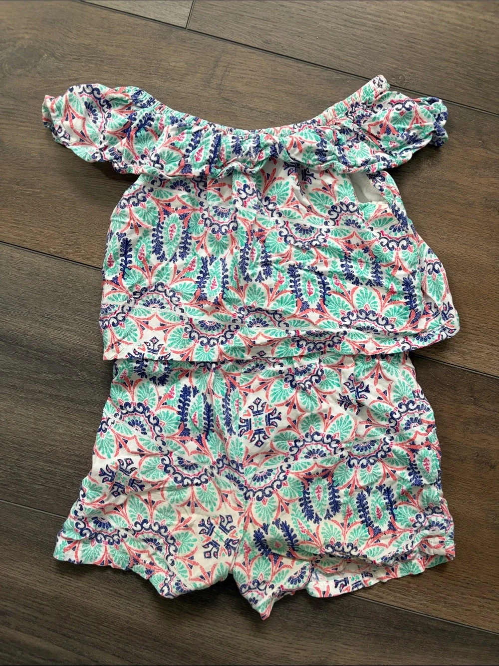 OshKosh B'gosh Pink, Green & Blue Floral Off-Shoulder Romper